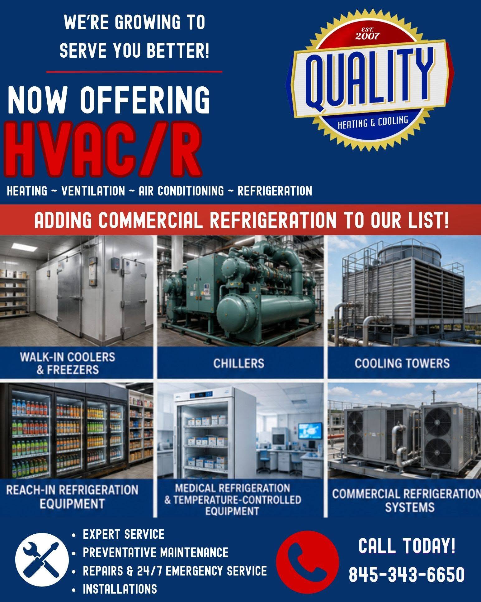 Quality Heating and Cooling now offers commercial refrigeration services, including walk-in coolers, chillers, cooling towers, reach-in equipment, medical refrigeration, and commercial refrigeration systems.