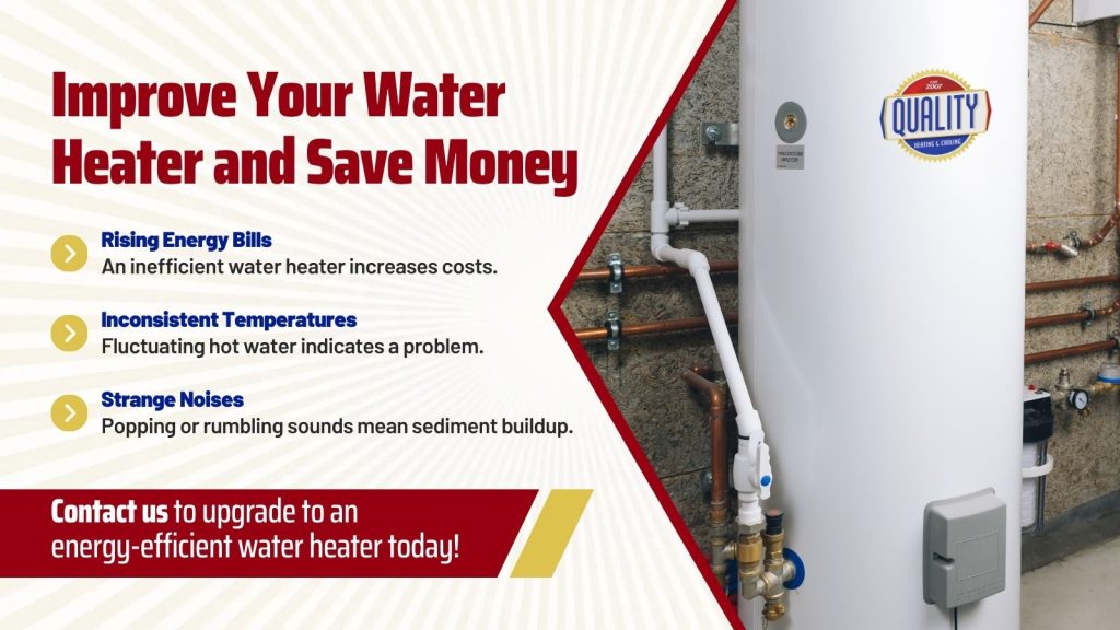 This is an image of a new water heater with the Quality Heating & Cooling logo on it. The headline reads; Improve your water heater and save money.